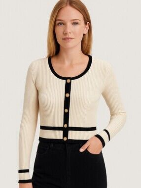 Commense NWT Cream Black Trim Cardigan Sweater Gold Anchor Buttons Size M